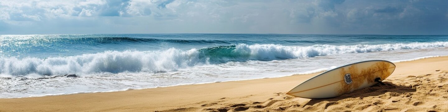 image of a surfboard sitting on sand by the beach